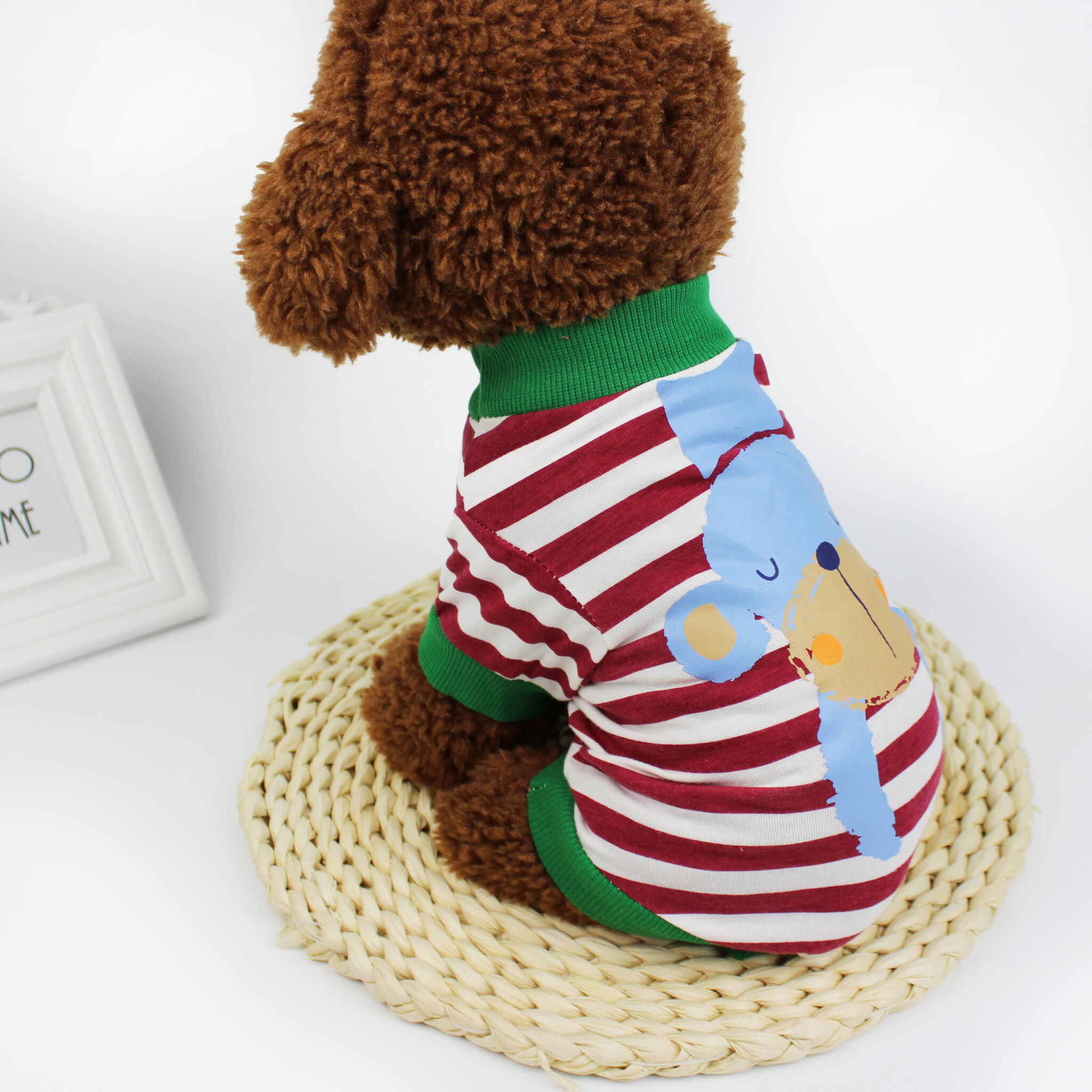 Cartoon printed dog T-shirt with striped monkey (cotton) JZTC019, jujube red striped monkey