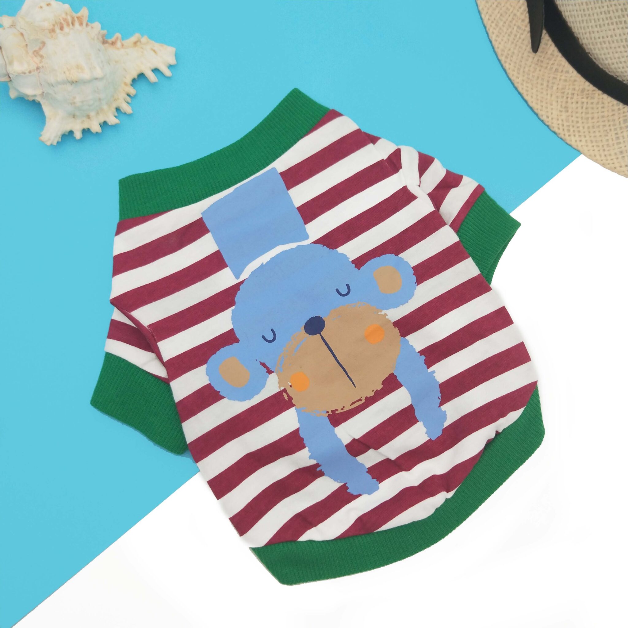 Cartoon printed dog T-shirt with striped monkey (cotton) JZTC019, jujube red striped monkey